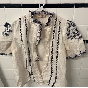 SEZANE White Blouse with Navy Embroidery
